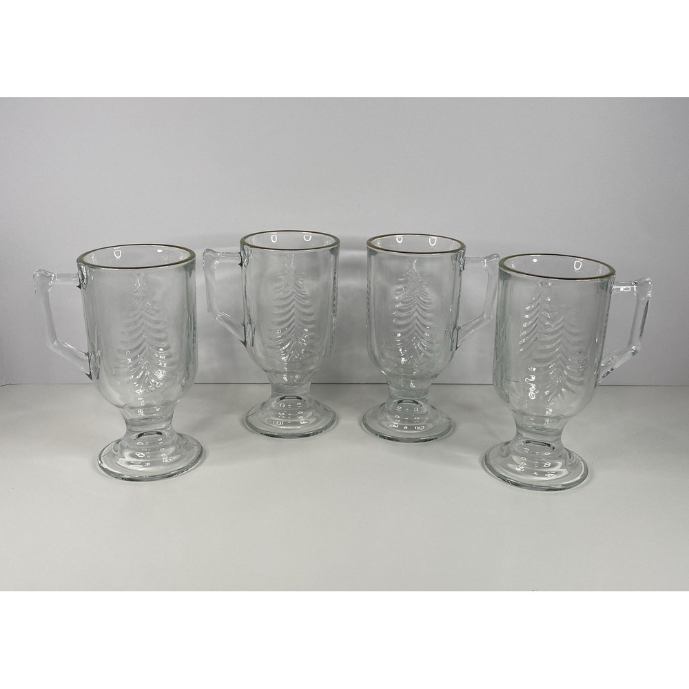 4 Indiana Glass Gold Rim Holiday Christmas Tree Irish Coffee Hot Cocoa Mugs Vtg